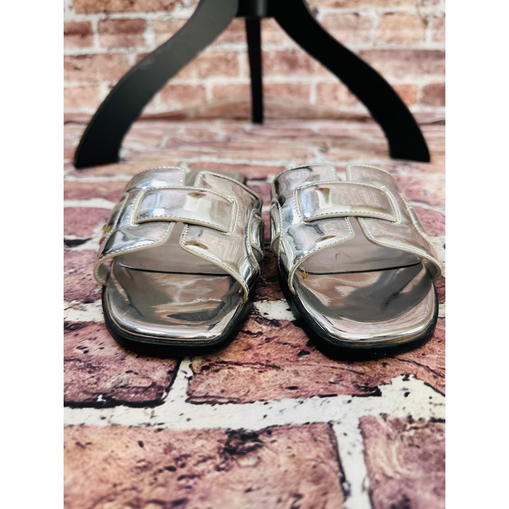Nine West Womens Metallic Silver Slide Sandals Square Toe Flat H-Strap Mirror - Picture 4 of 13